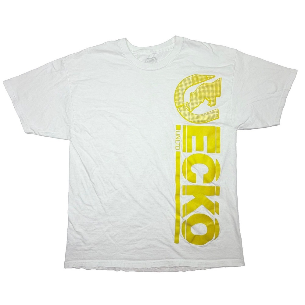 Ecko Unltd Mens White Yellow Vertical Rhino Logo Graphic T Shirt Streetwear XL